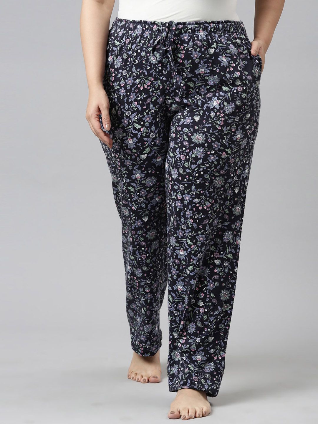 Go Colors Women Navy Blue Printed Cotton Relaxed-Fit Lounge Pants Price in India