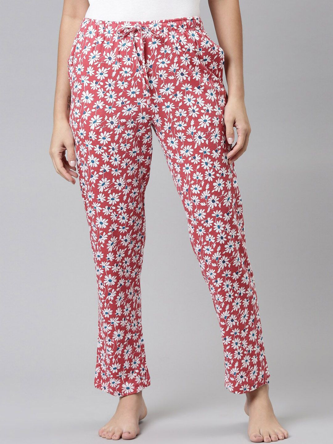 Go Colors Women Red & White Printed Relaxed-Fit Lounge Pants Price in India