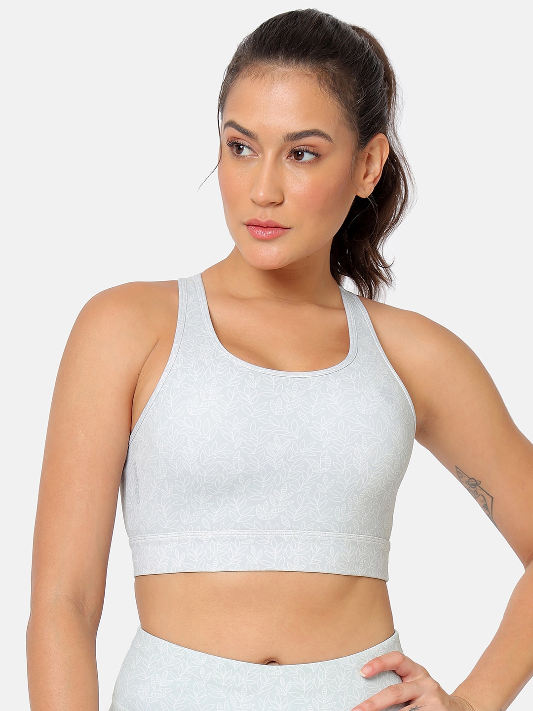Cultsport Grey & White Floral Printed Removable-Padding & Non-Wired Sports Bra Price in India