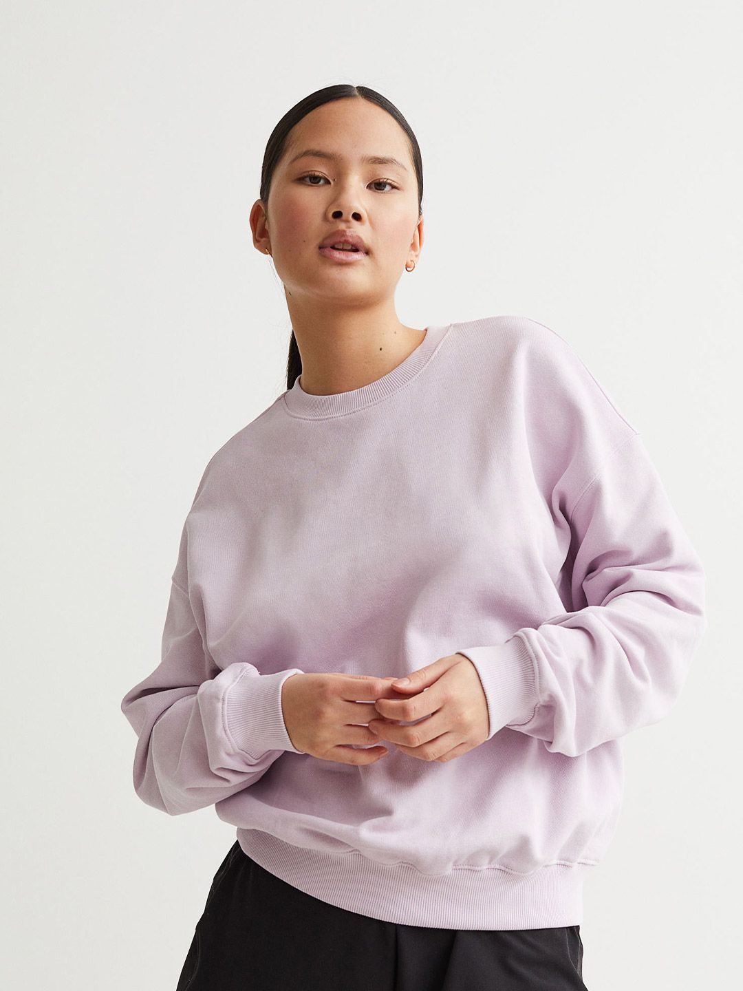H&M Women Purple Solid Pure Cotton Oversized Sweatshirt Price in India