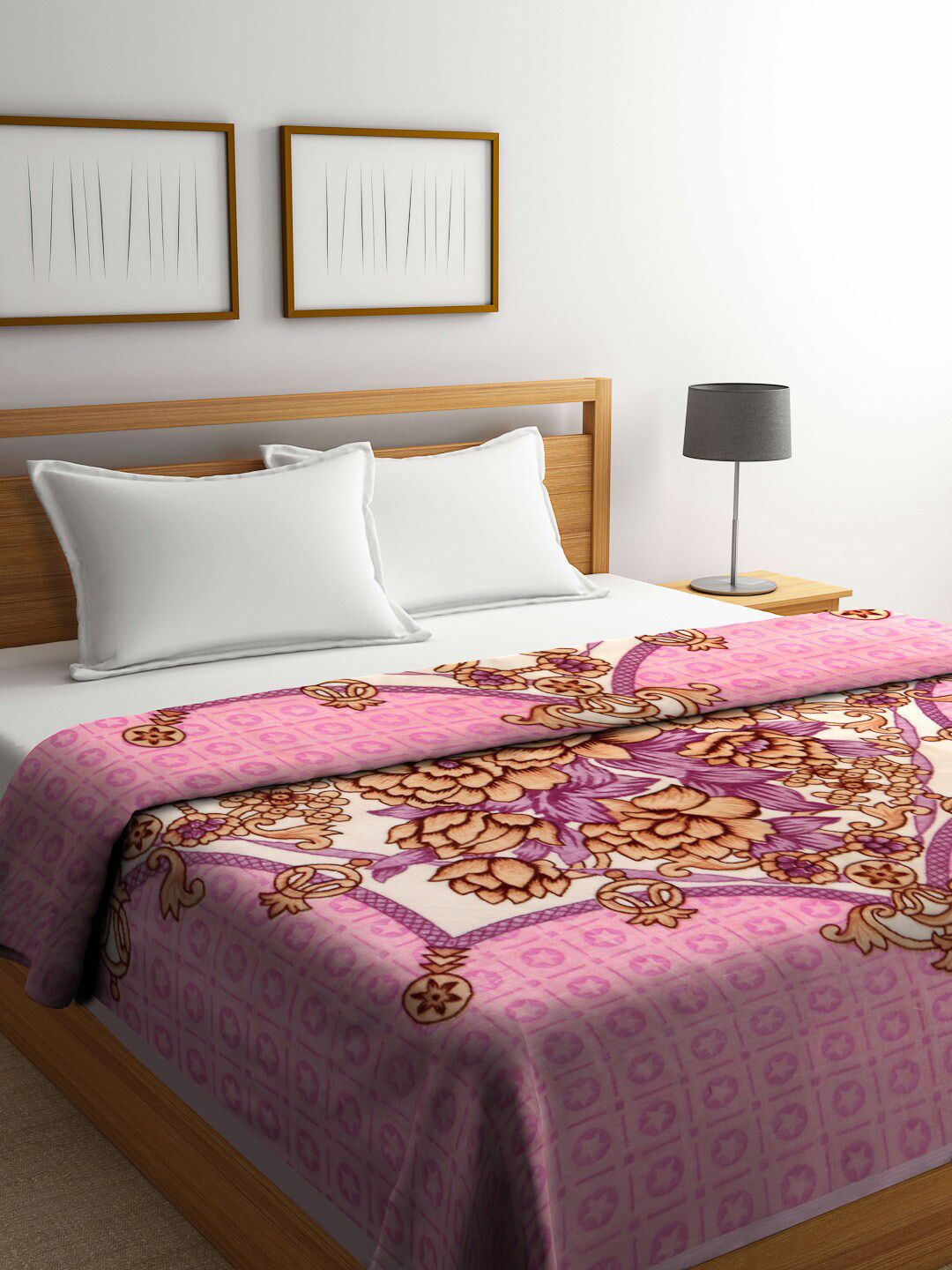 KLOTTHE Pink & Brown Floral Mild Winter Double Bed Blanket Price in India