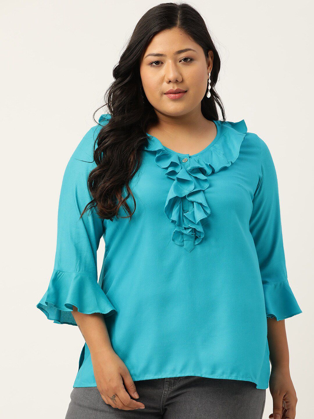 theRebelinme Plus Size Teal Ruffles Top Price in India