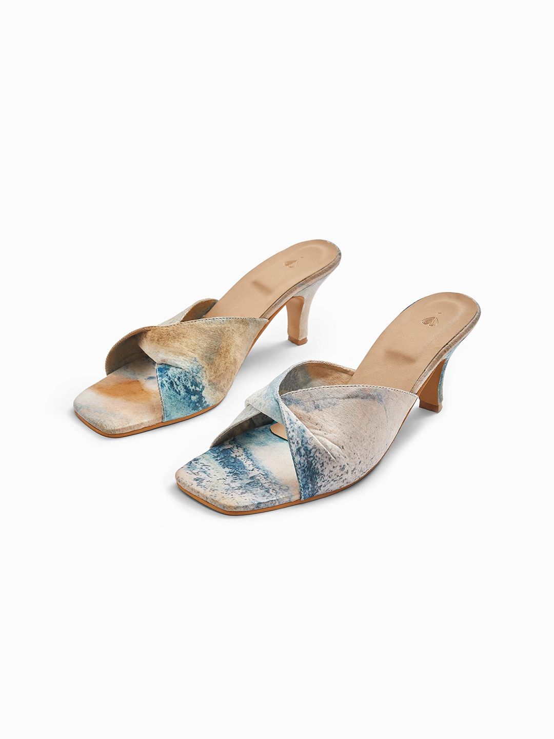 The Label Life Women Blue & Beige Printed Kitten Heel Sandals Price in India