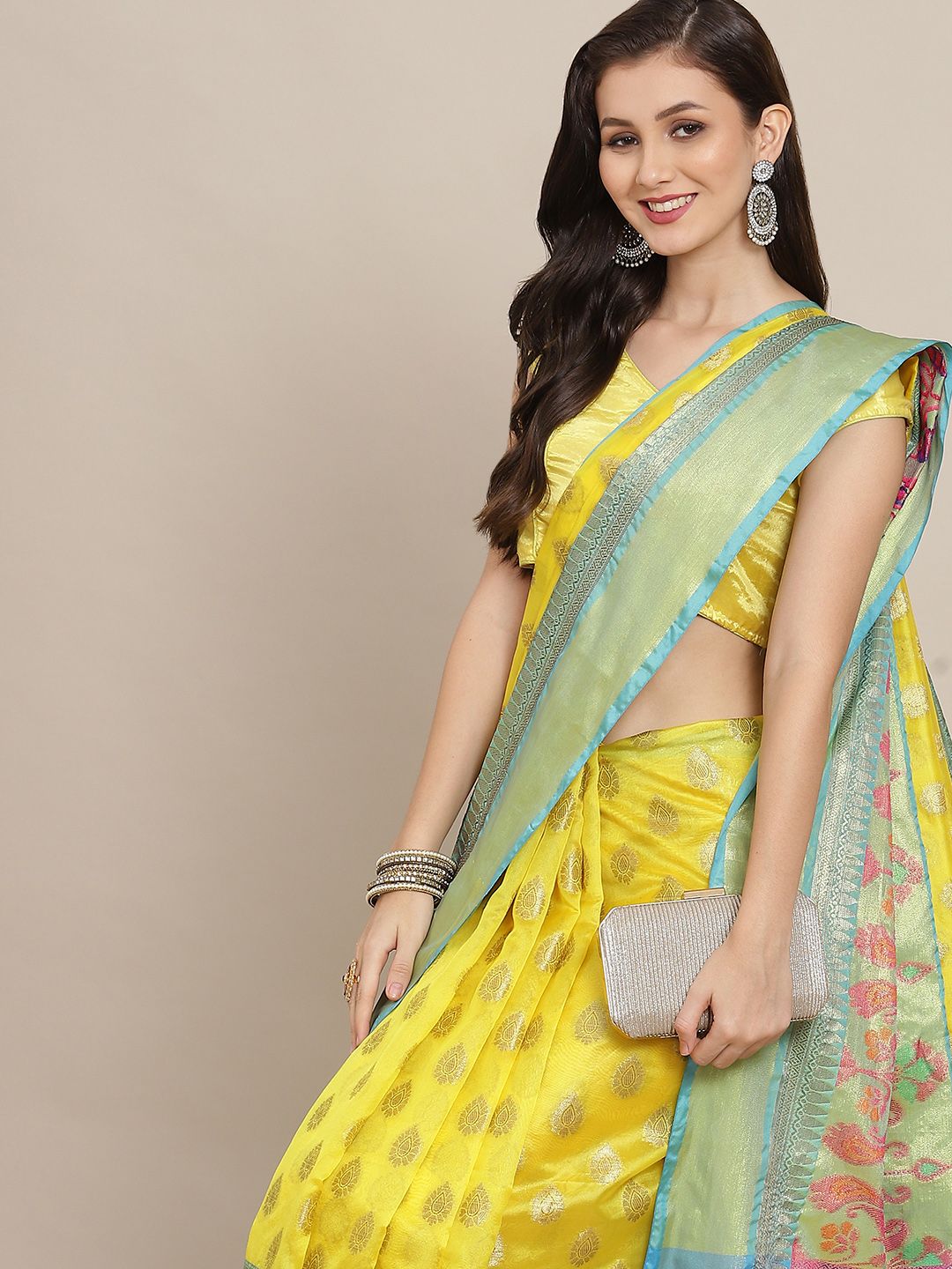 Silk Land Yellow & Turquoise Blue Ethnic Motifs Zari Art Silk Banarasi Saree Price in India