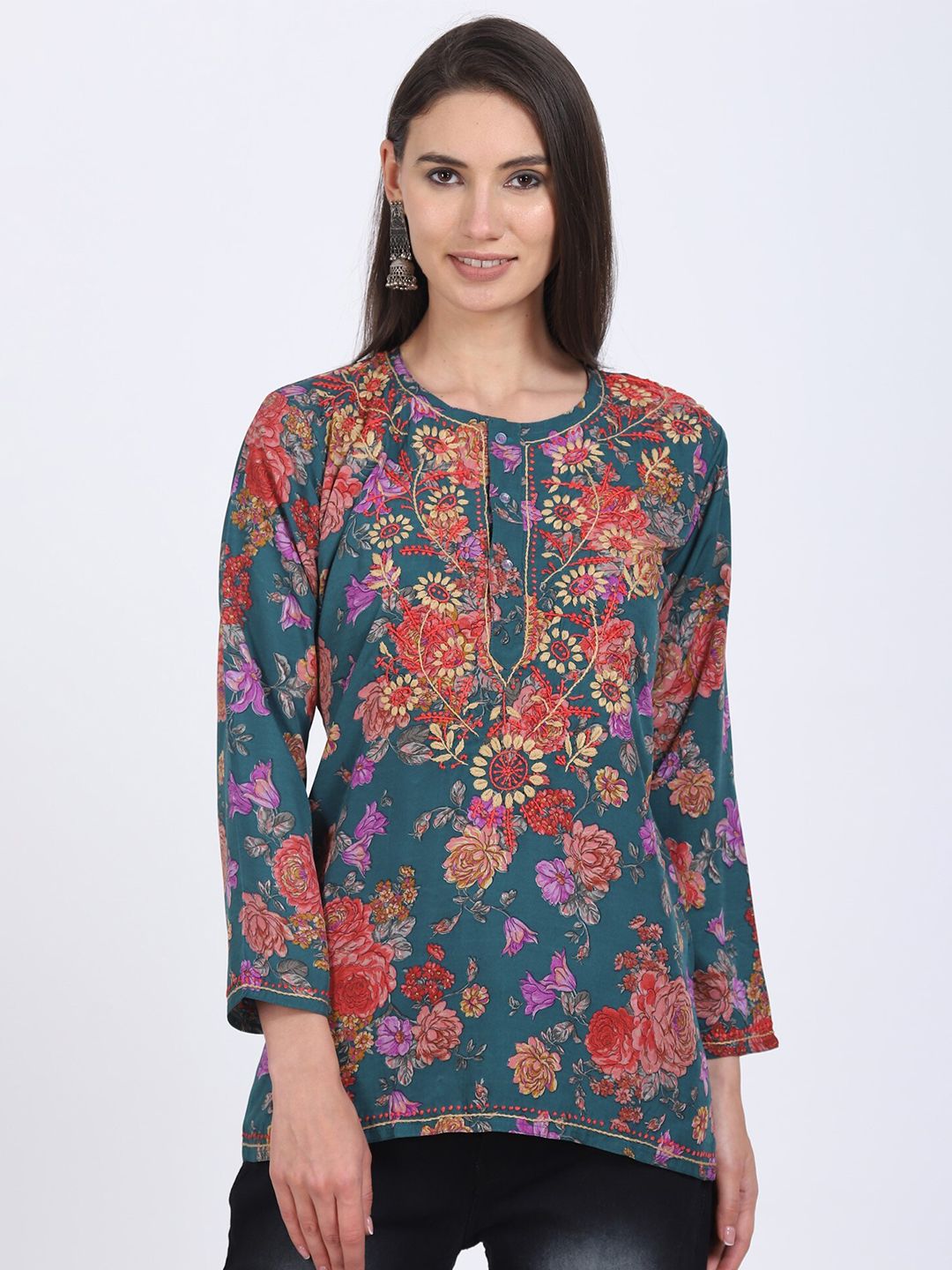 PARAMOUNT CHIKAN Blue & Red Floral Embroidered Chikankari Pure Crepe Chikankari Kurti