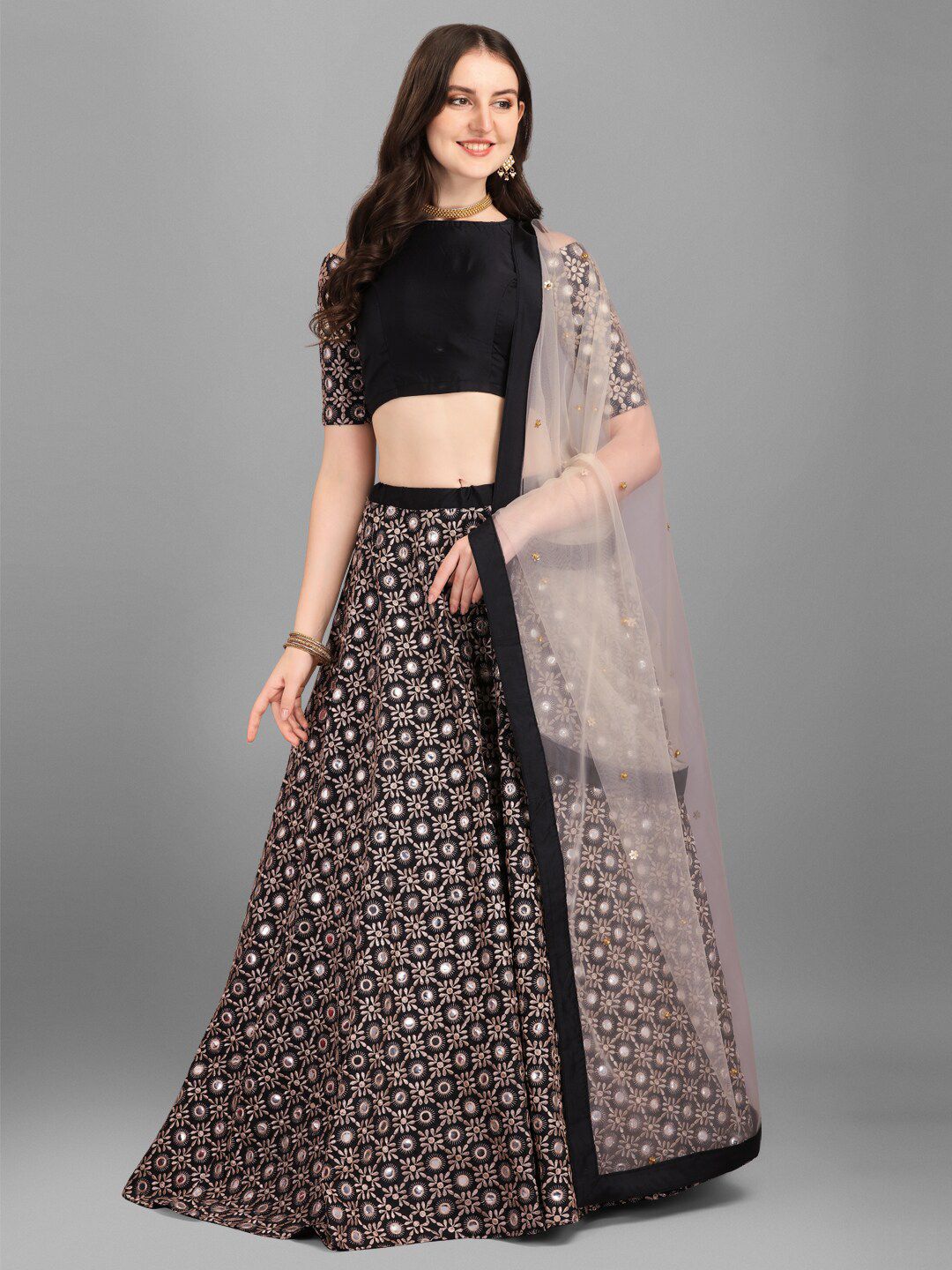 Fashion Basket Black & Pink Embroidered Semi-Stitched Lehenga & Unstitched Blouse With Dupatta