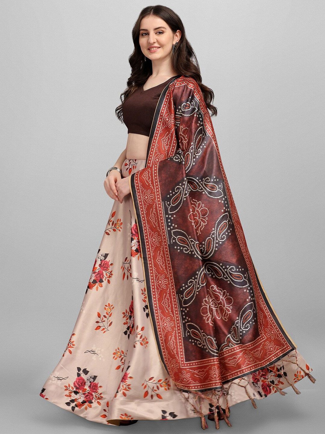 Fashion Basket Beige & Red Printed Semi-Stitched Lehenga & Unstitched Blouse With Dupatta Price in India