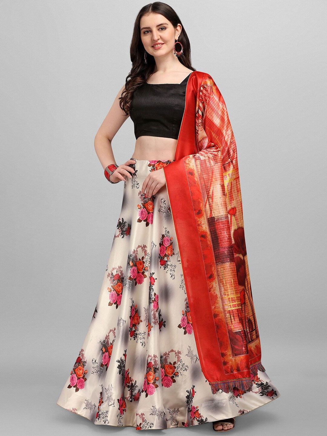 Fashion Basket Red & Grey Printed Semi-Stitched Lehenga & Unstitched Blouse With Dupatta Price in India
