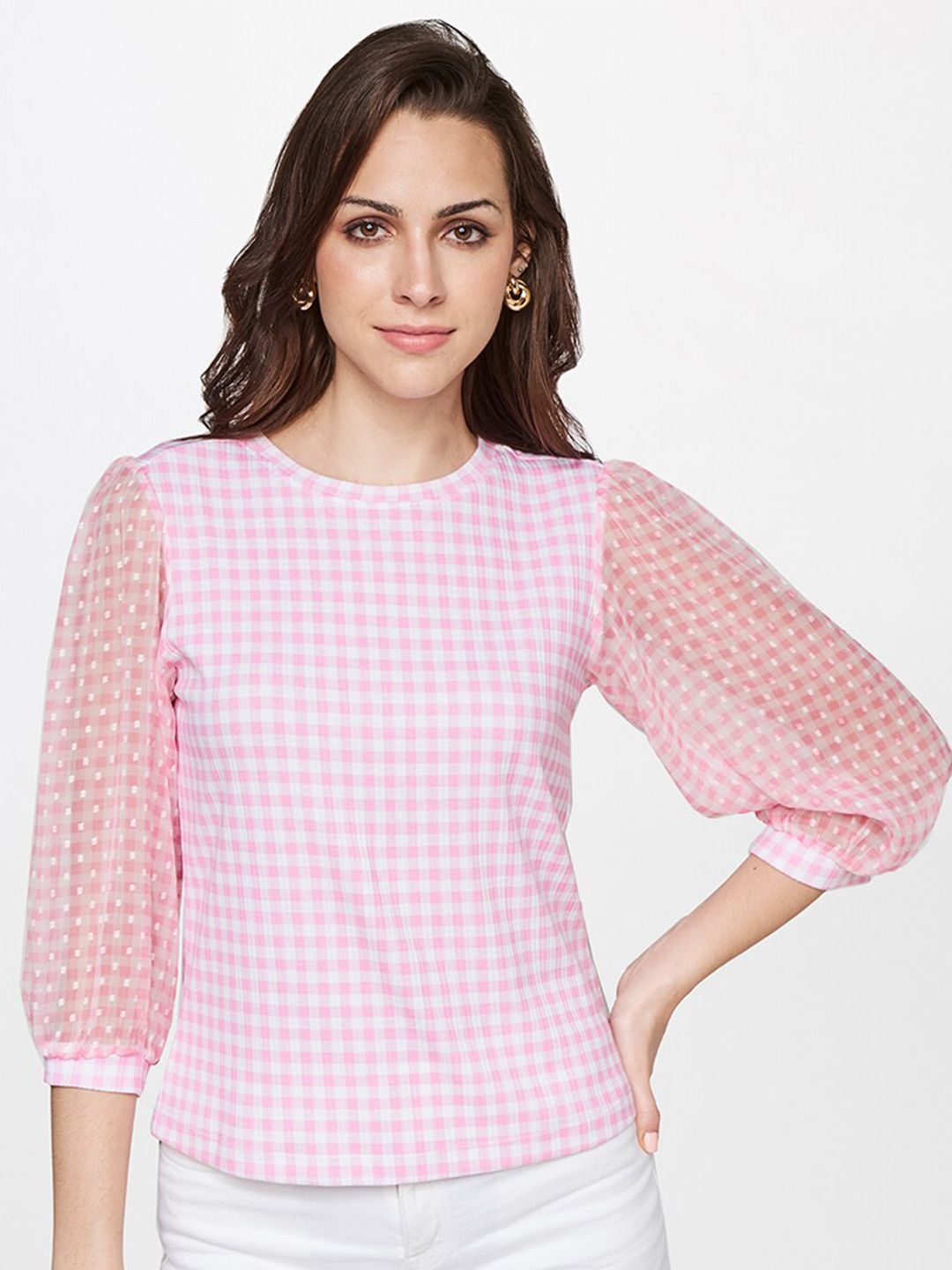 AND Women Pink & White Checked Top Price in India