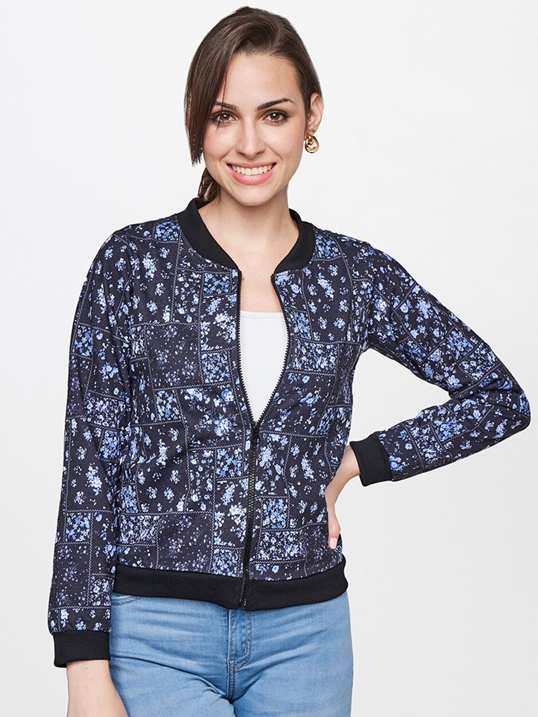 AND Women Blue Floral Printed Mandarin Collar Top Price in India