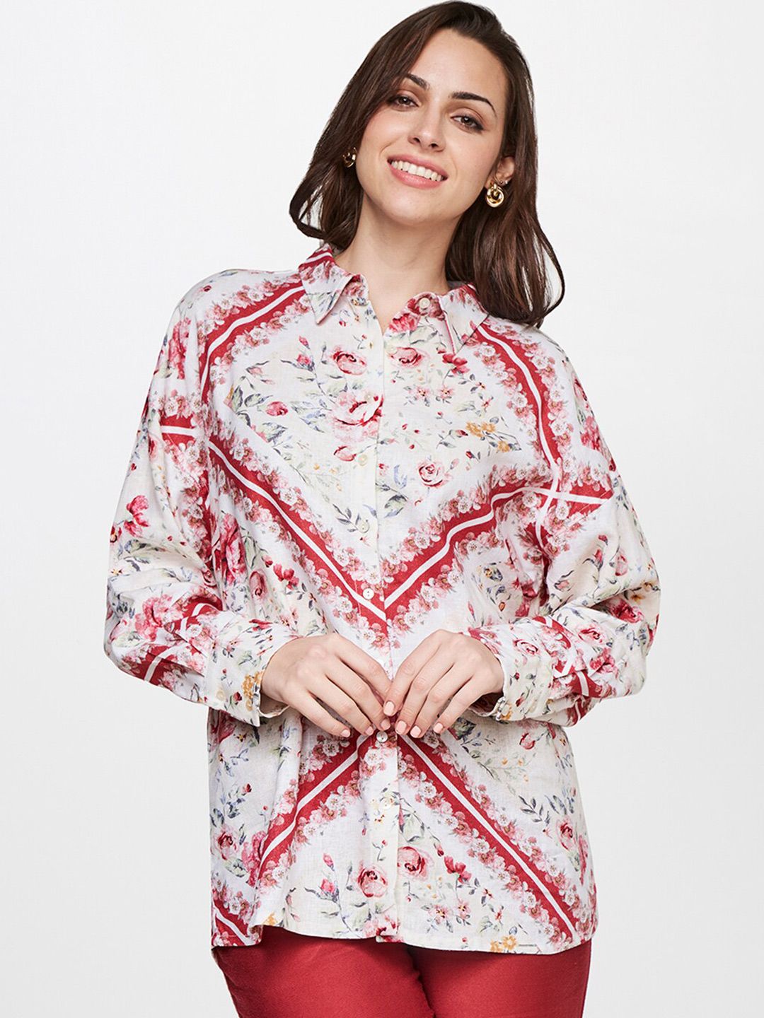 AND White & Red Floral Print Linen Top Price in India
