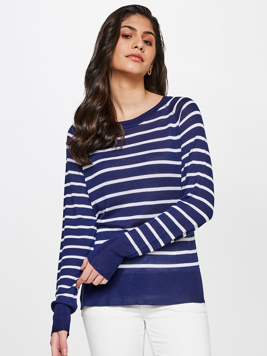 AND Women Blue & White Striped Top Price in India