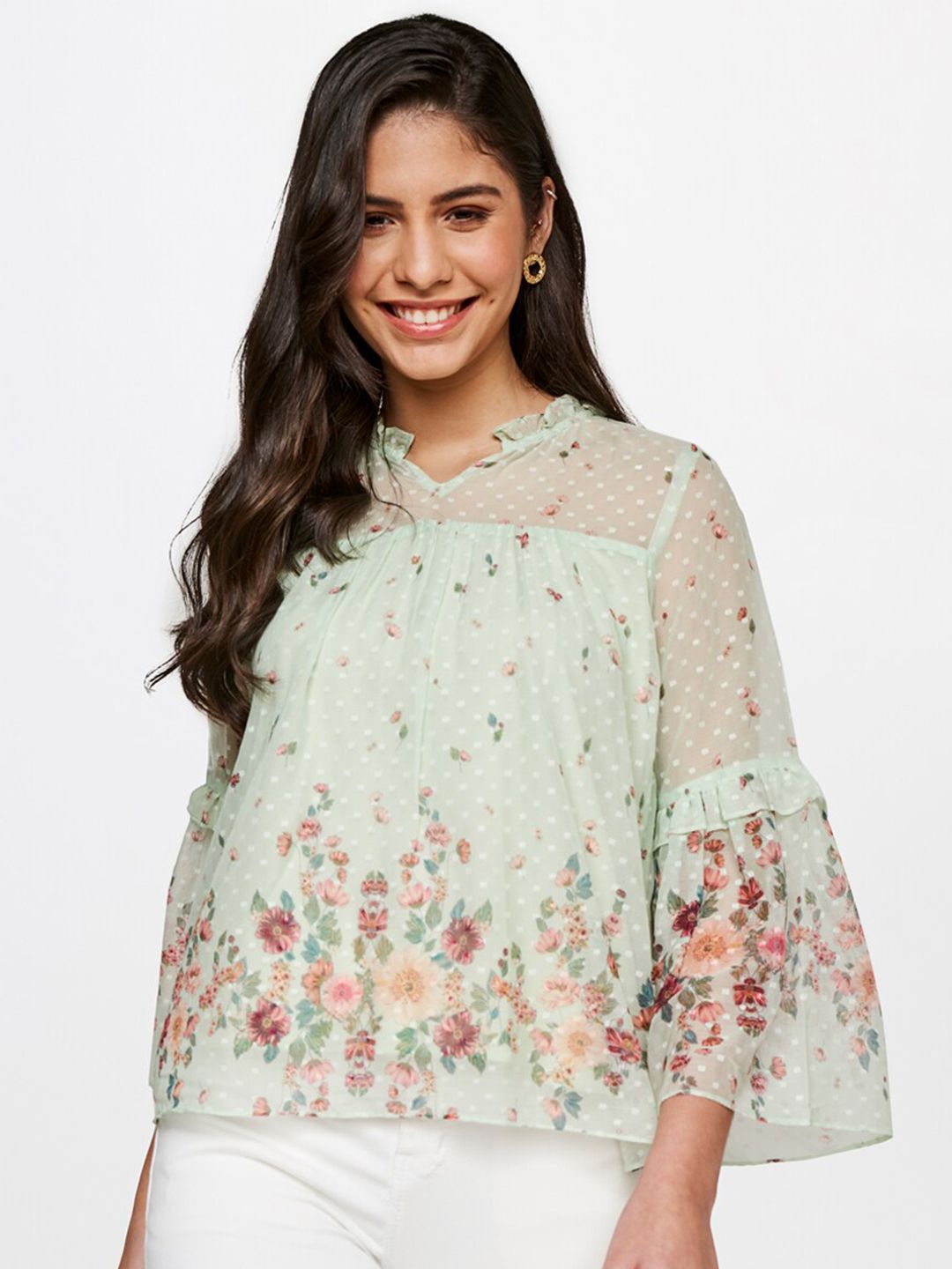 AND Women Sea Green & Maroon Floral Printed V-Neck Top Price in India