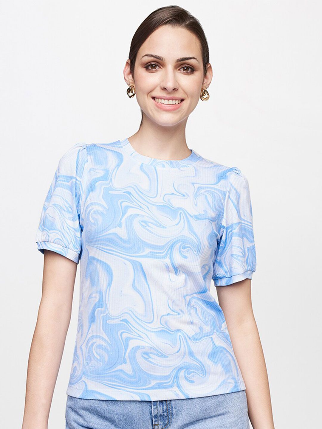AND Blue & White Print Top Price in India
