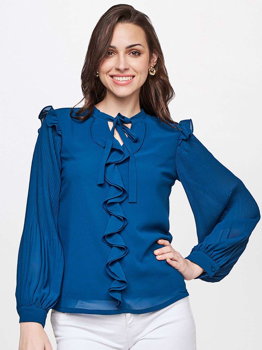 AND Teal Tie-Up Neck Bishop Sleeves Top Price in India