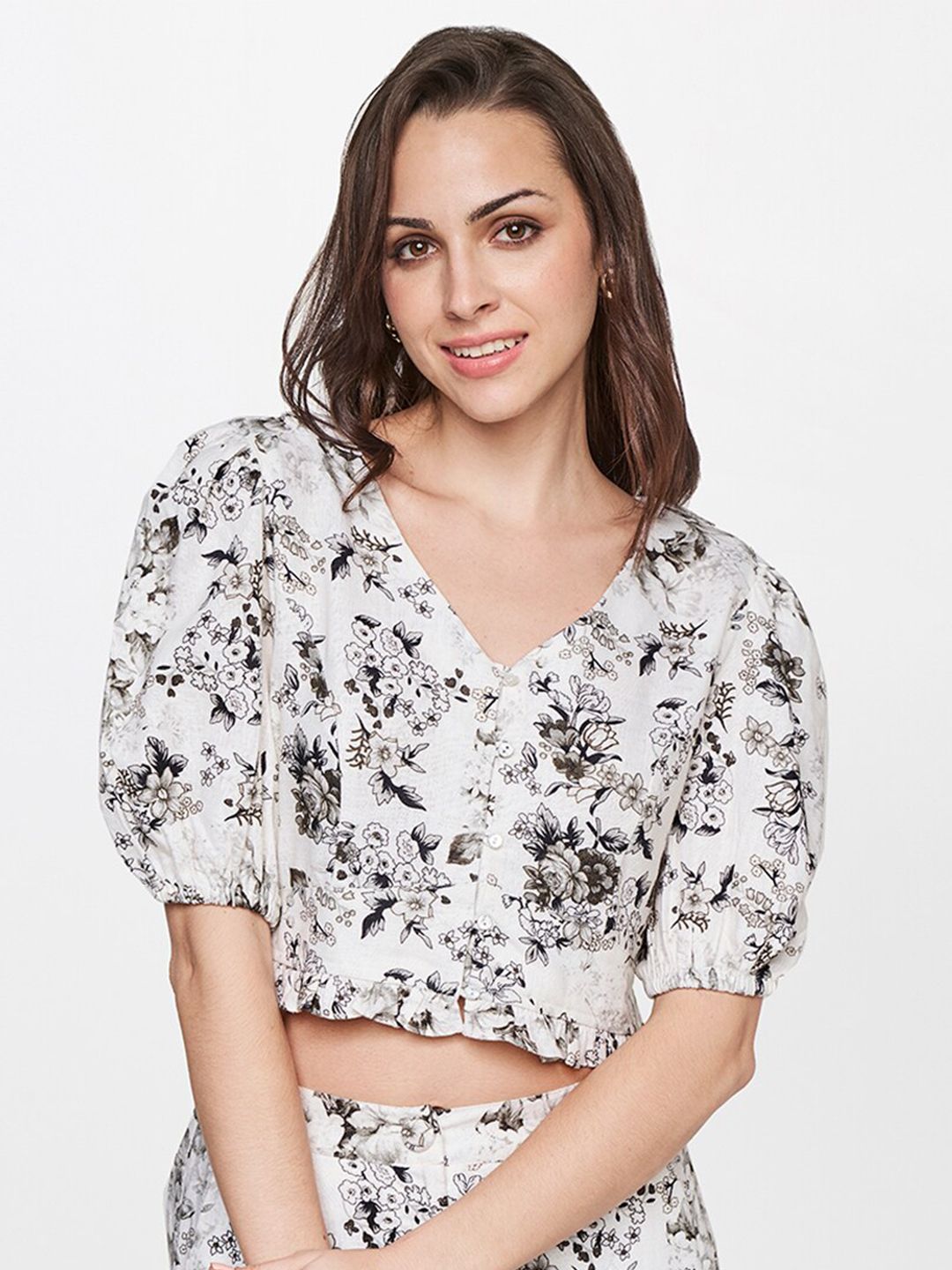 AND Black Floral Print Linen Crop Top Price in India