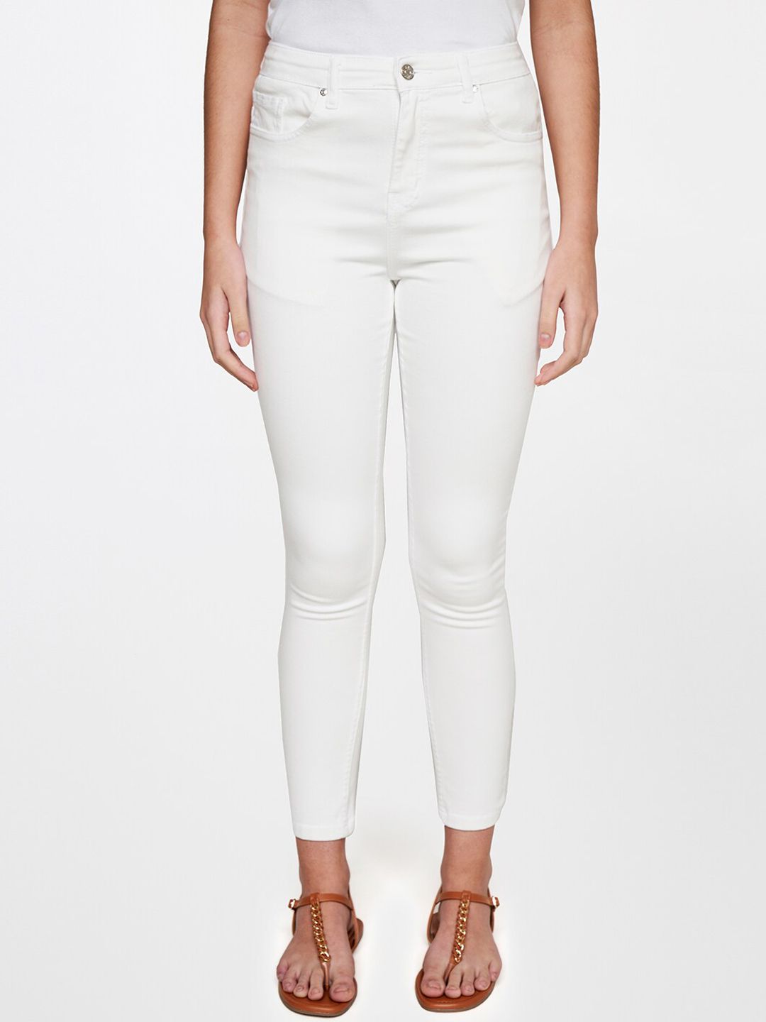 AND Women White Skinny Fit Trousers Price in India