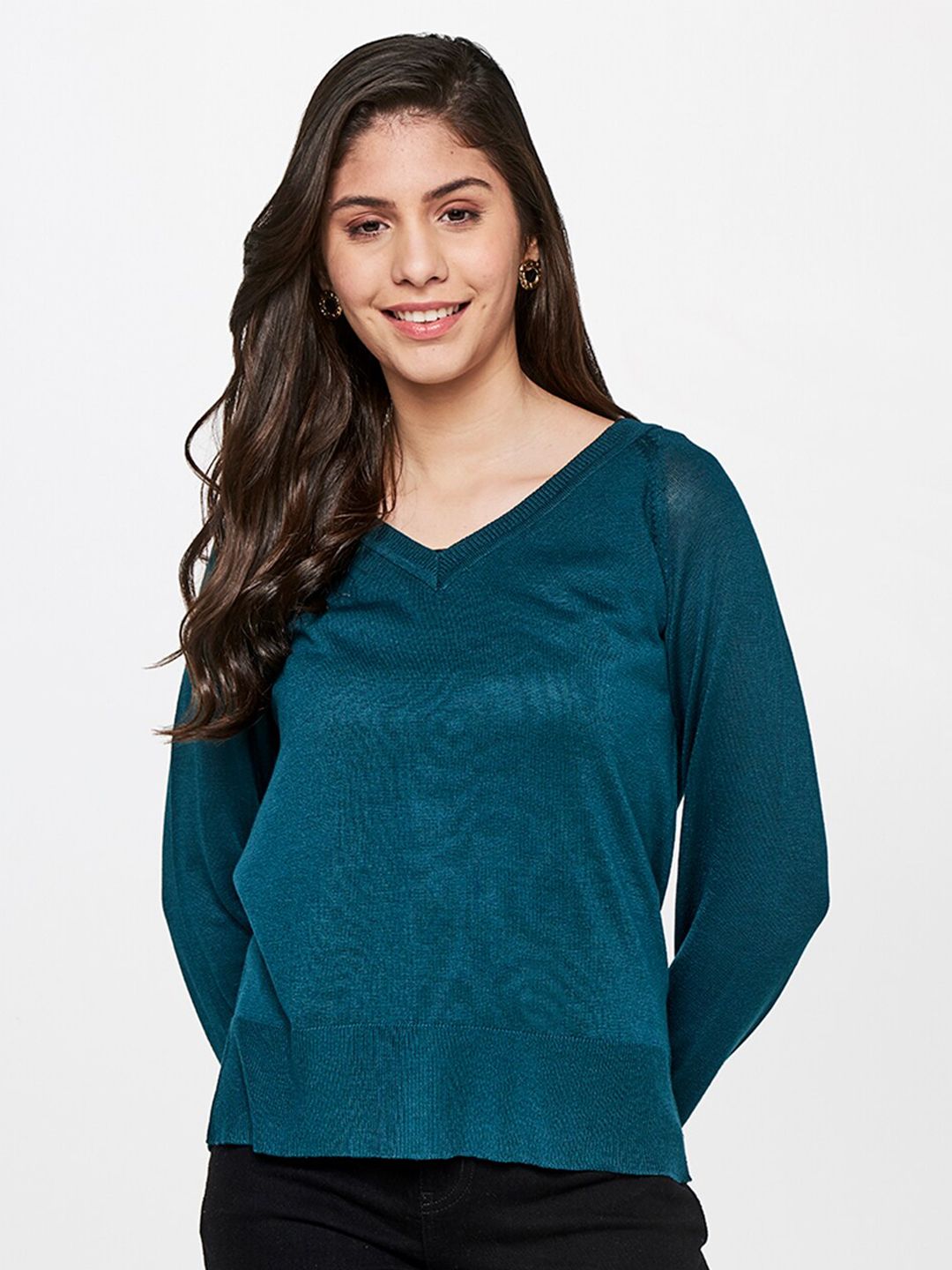 AND Women Teal Solid Casual Top Price in India