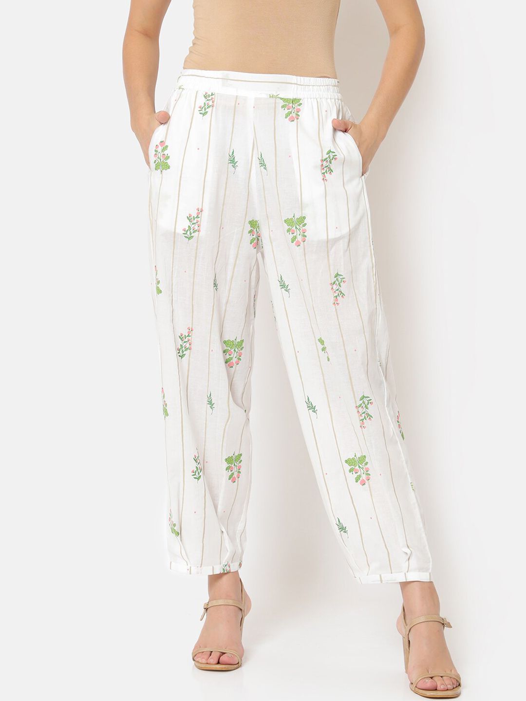 Saaki Women Off White Floral Printed Trousers Price in India