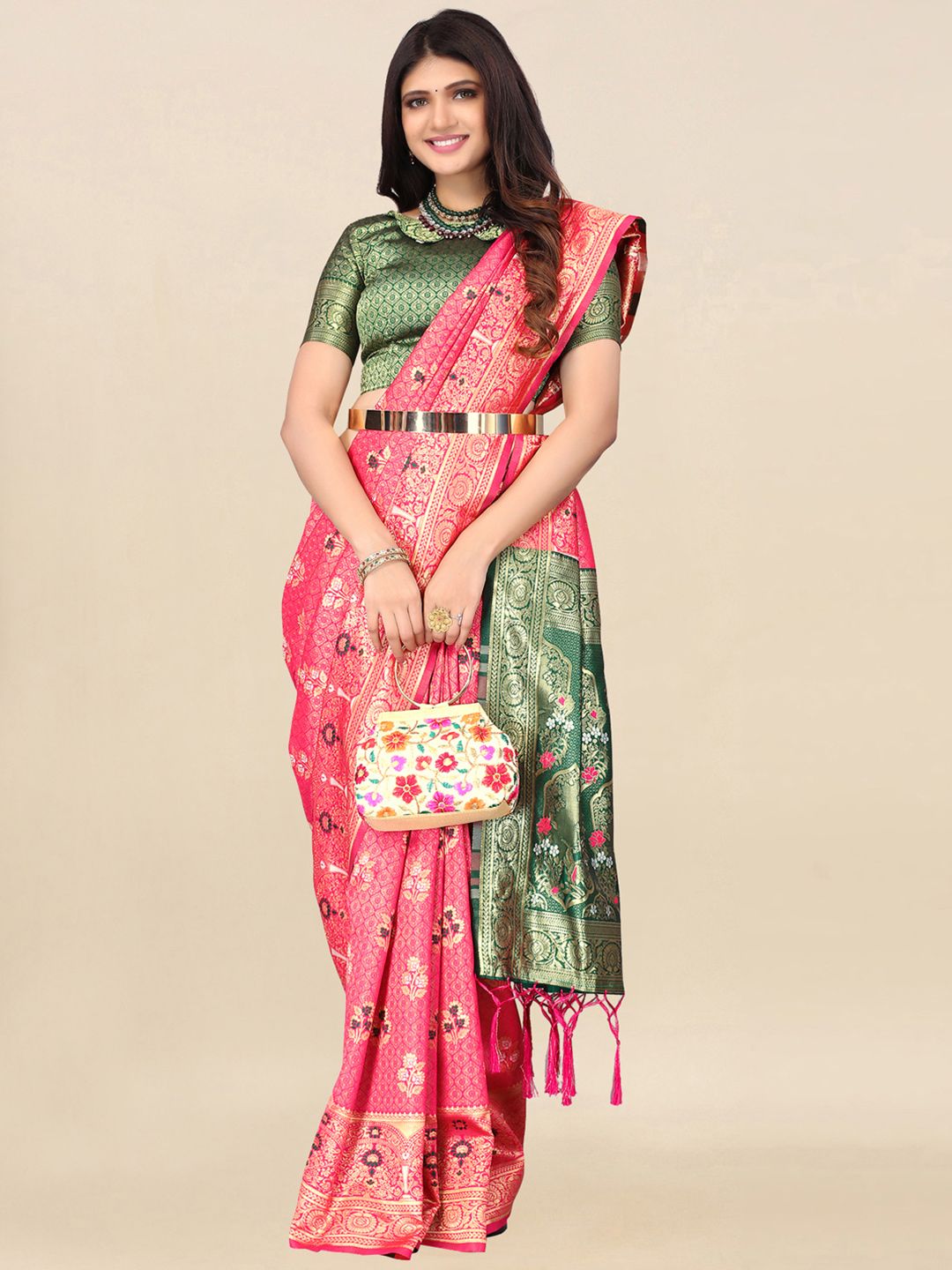 Satrani Pink & Green Ethnic Motifs Zari Banarasi Saree Price in India