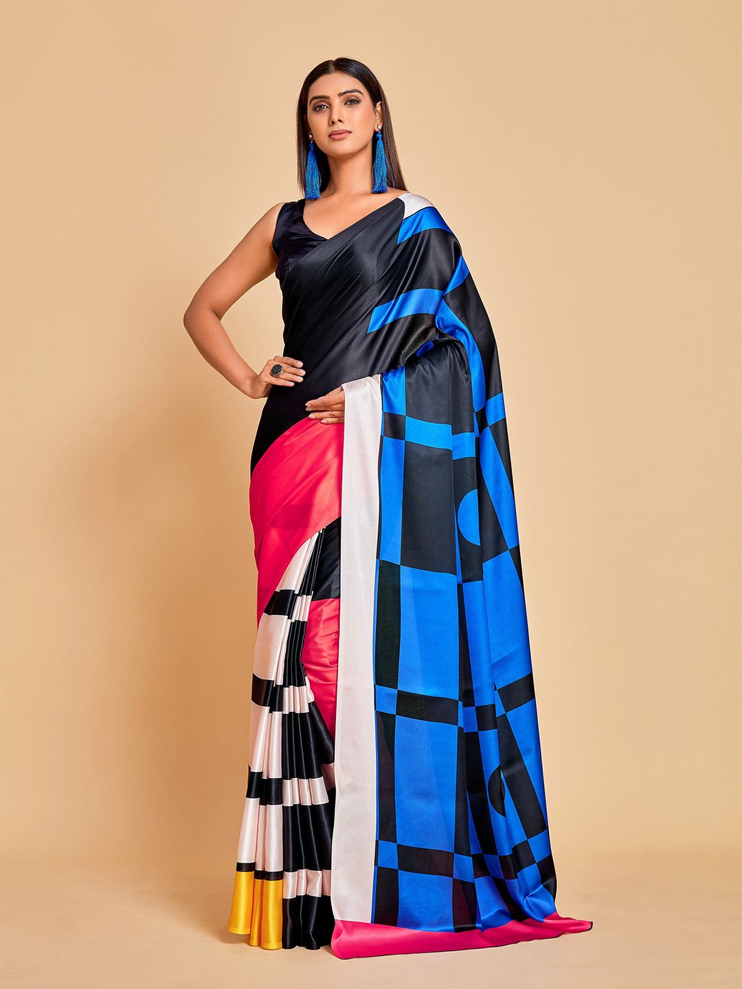 Sangria Blue & Black Striped Satin Ready to Wear Saree