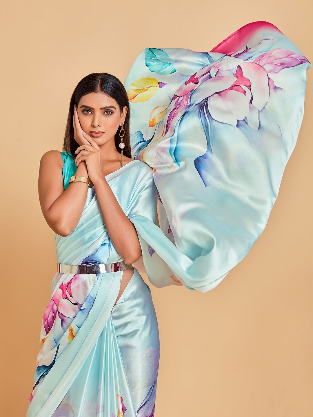 Sangria Turquoise Blue & Pink Floral Satin Ready to Wear Saree