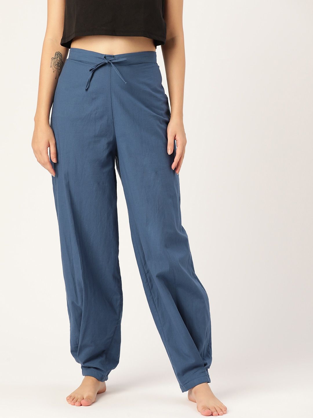 MBeautiful Women Blue Solid Organic Cotton Straight Fit High-Rise Carrot Lounge Pants Price in India