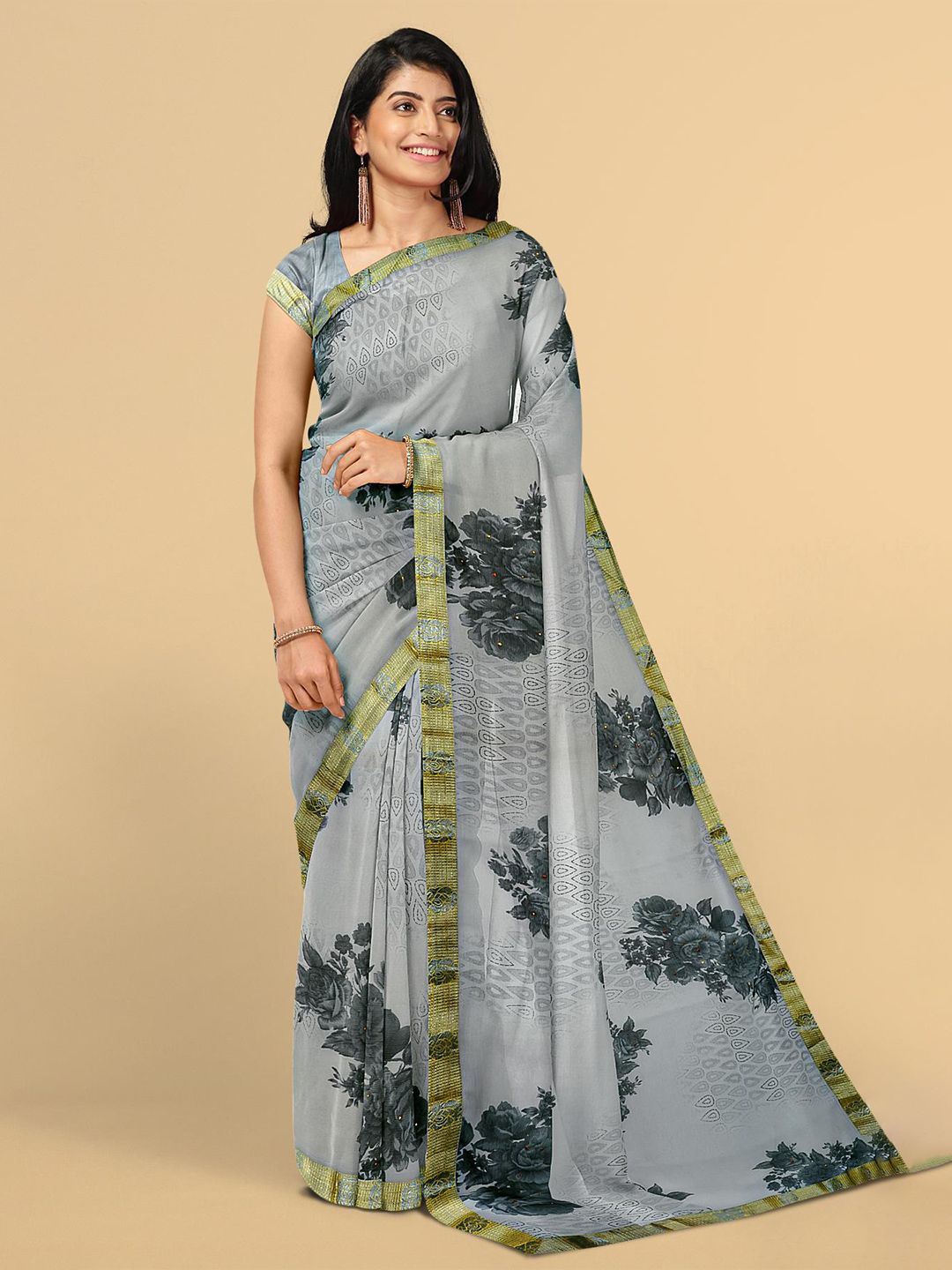 Kalamandir Grey & Green Floral Silk Blend Saree Price in India