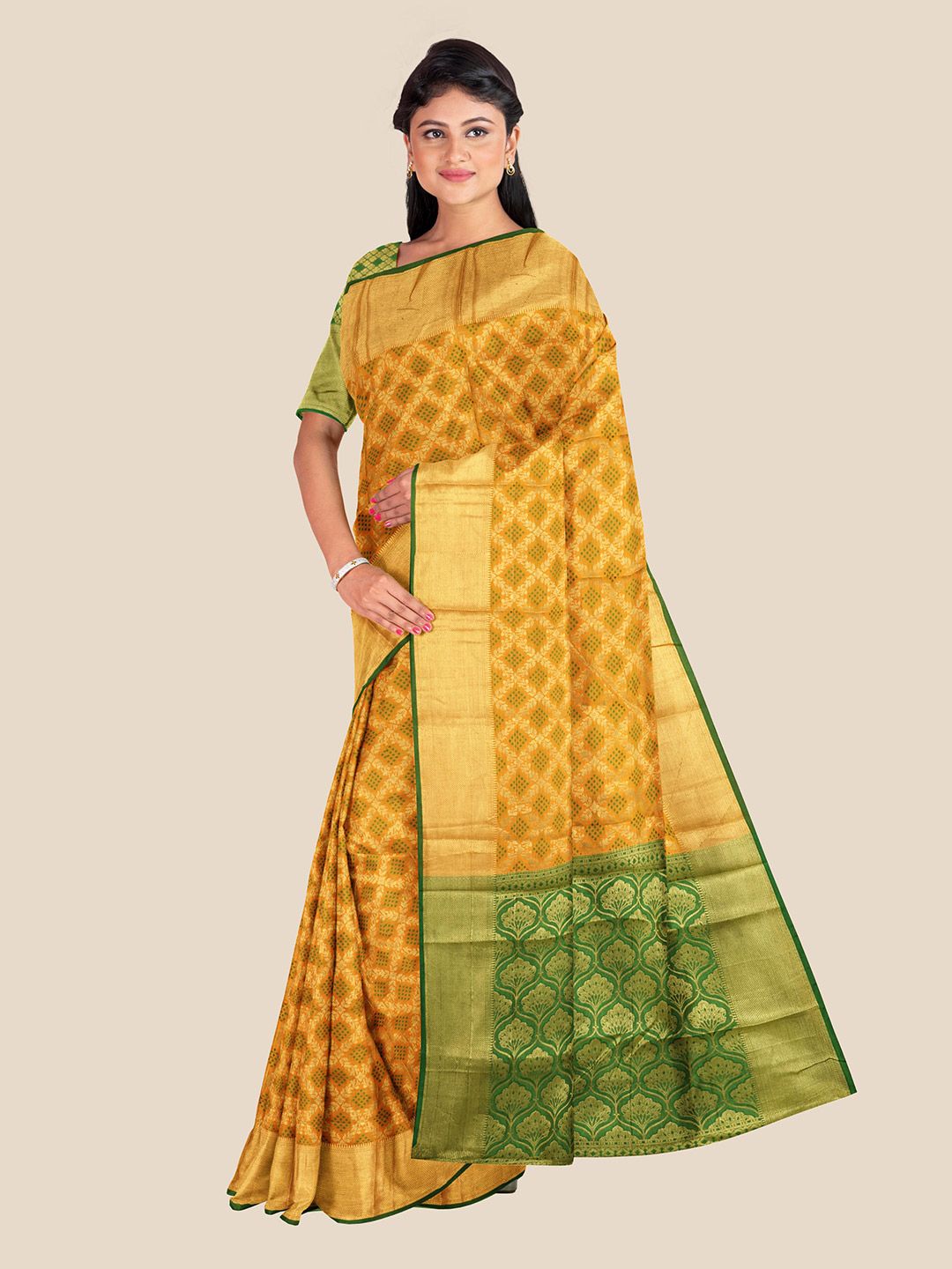 Kalamandir Mustard & Green Woven Design Zari Silk Blend Saree Price in India