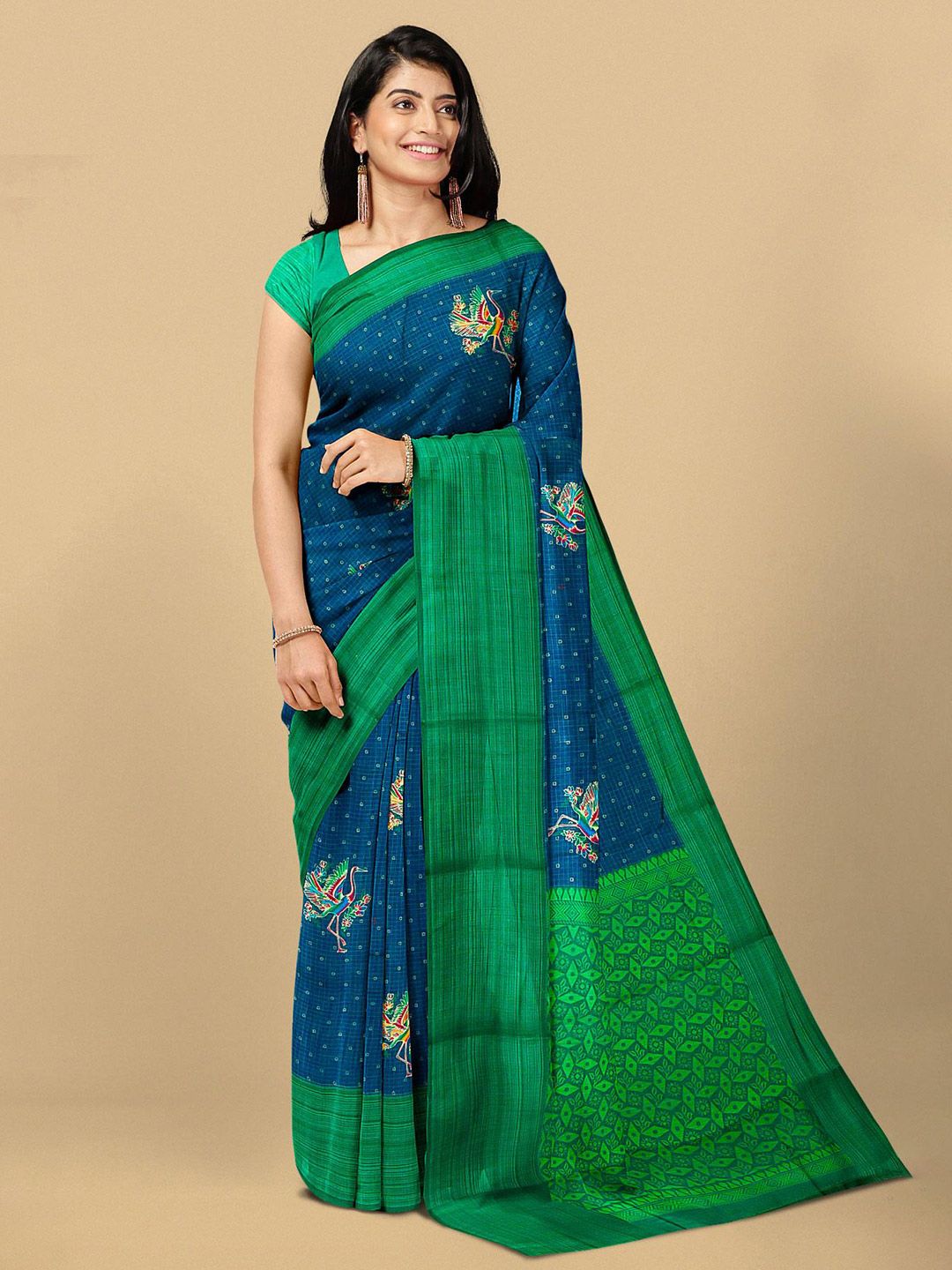 Kalamandir Navy Blue & Green Ethnic Motifs Printed Linen Blend Saree Price in India