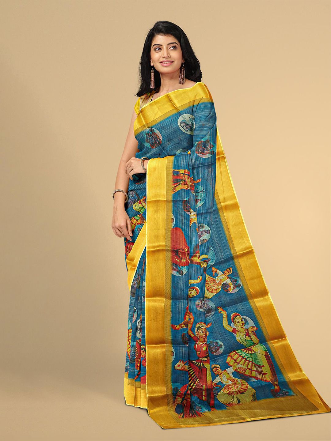 Kalamandir Blue & Yellow Ethnic Motifs Printed Tissue Saree Price in India