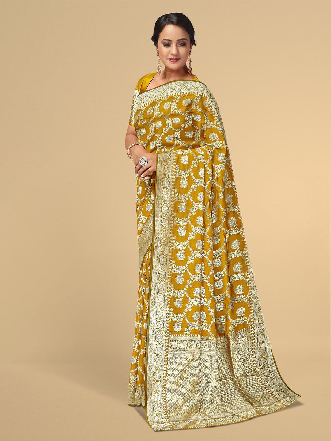 Kalamandir Mustard & Silver-Toned Floral Zari Silk Blend Saree Price in India