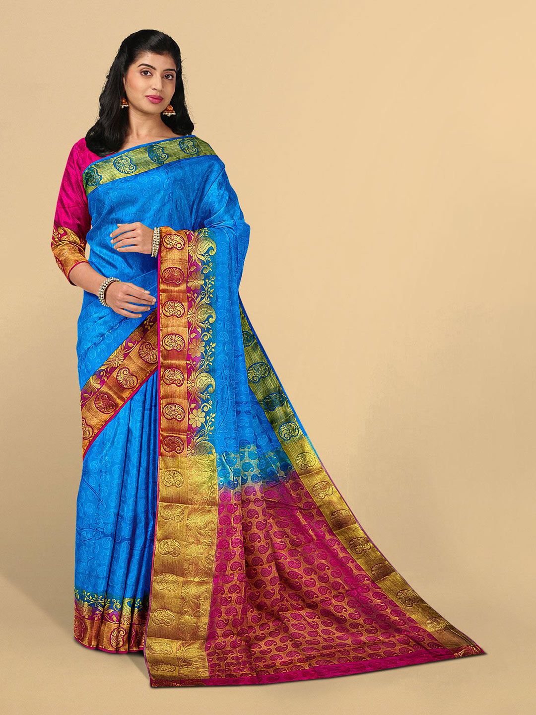 Kalamandir Blue & Magenta Woven Design Zari Saree Price in India