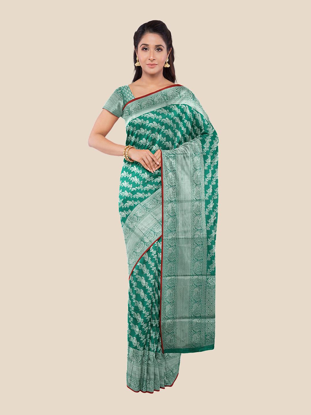 Kalamandir Green & Silver-Toned Zari Silk Blend Saree Price in India