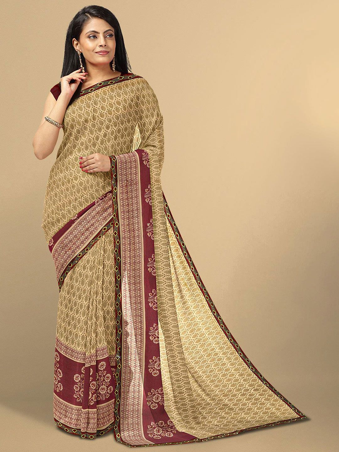 Kalamandir Beige & Maroon Ethnic Motifs Silk Blend Saree Price in India
