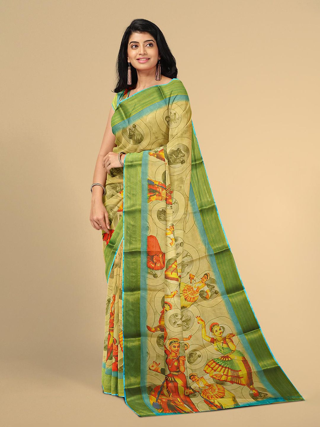 Kalamandir Cream-Coloured & Green Ethnic Motifs Zari Tissue Saree Price in India