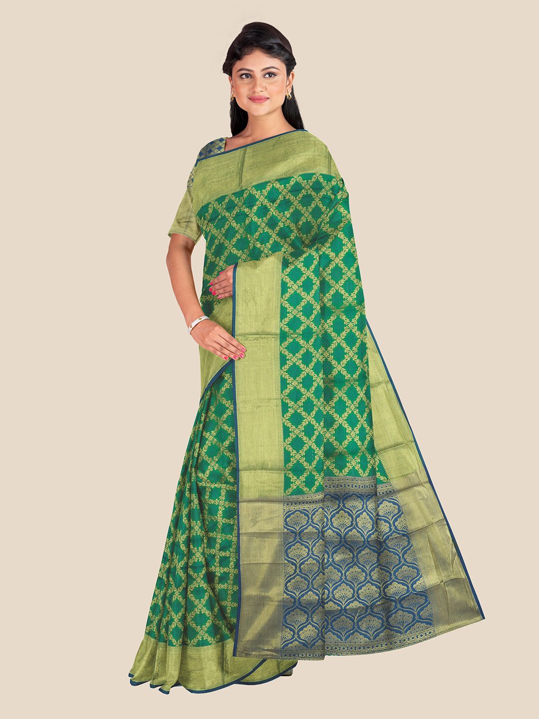 Kalamandir Green & Blue Woven Design Zari Silk Blend Saree Price in India
