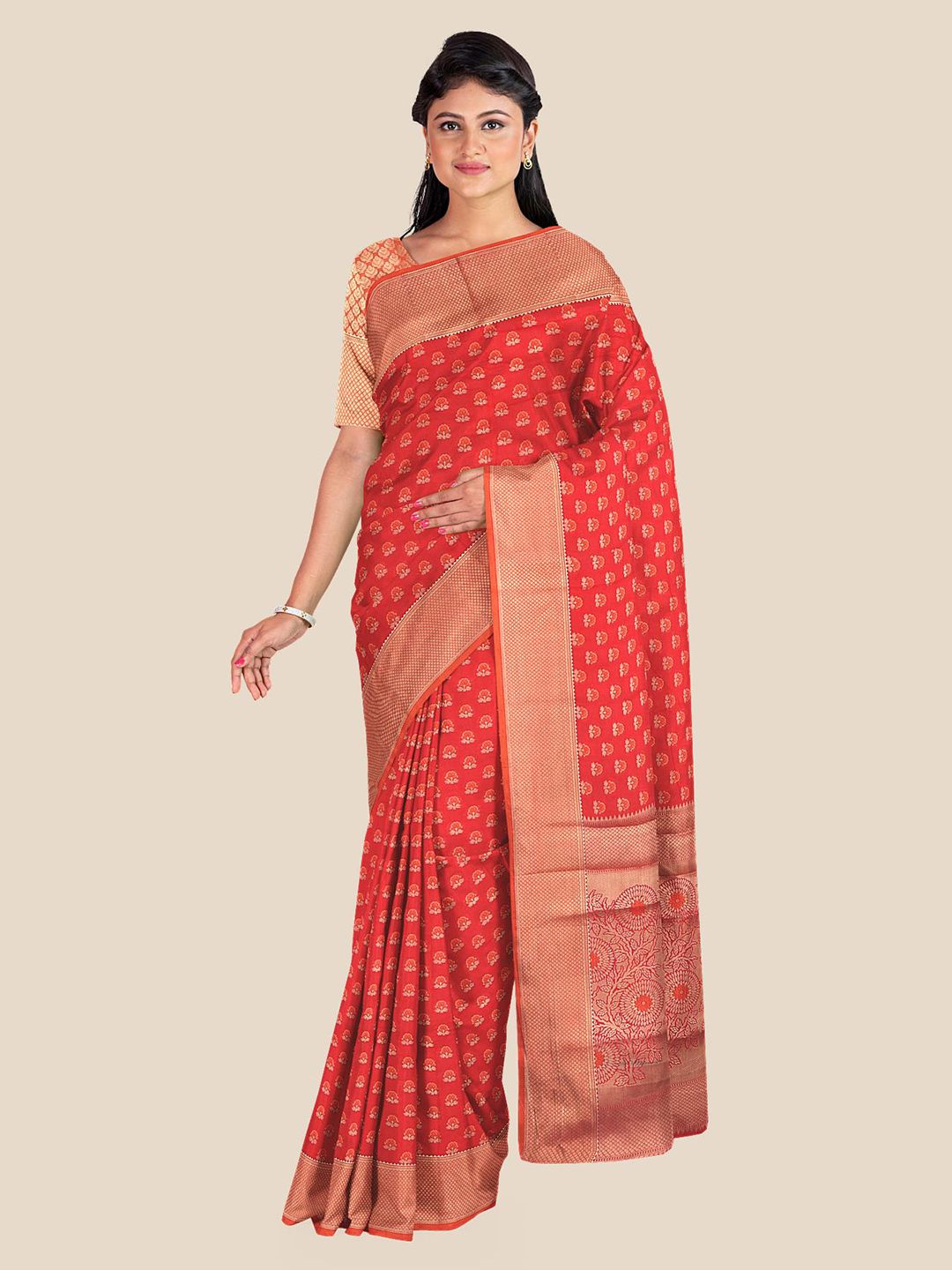 Kalamandir Red Floral Zari Silk Blend Saree Price in India
