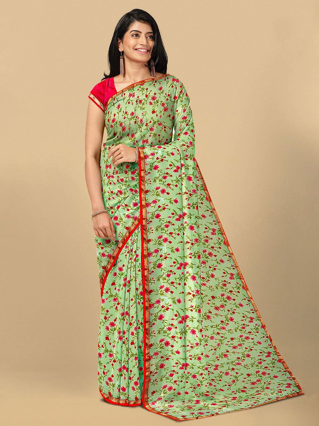 Kalamandir Green & Pink Floral Zari Silk Blend Saree Price in India