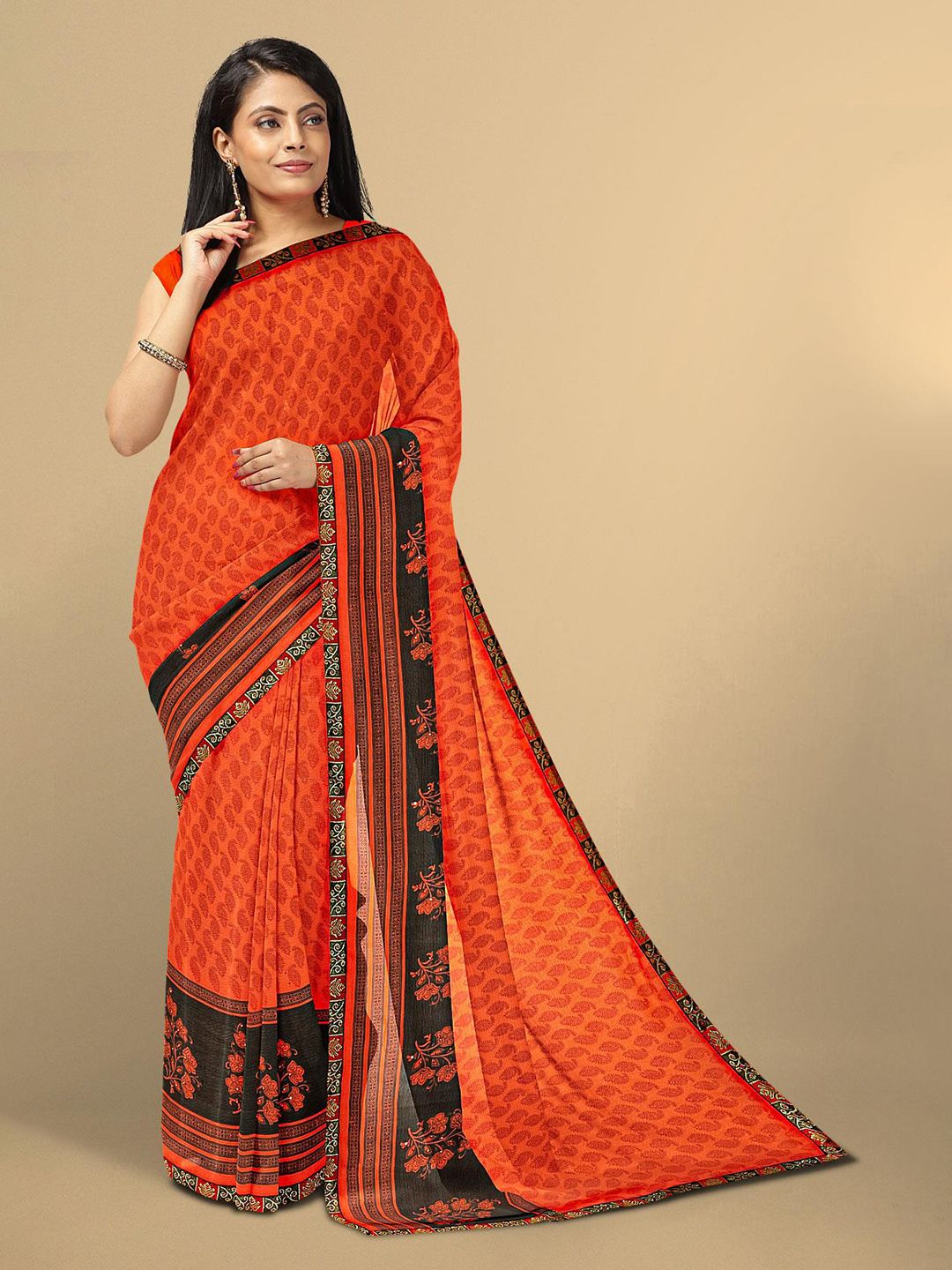 Kalamandir Orange & Black Paisley Printed Poly Georgette Saree Price in India