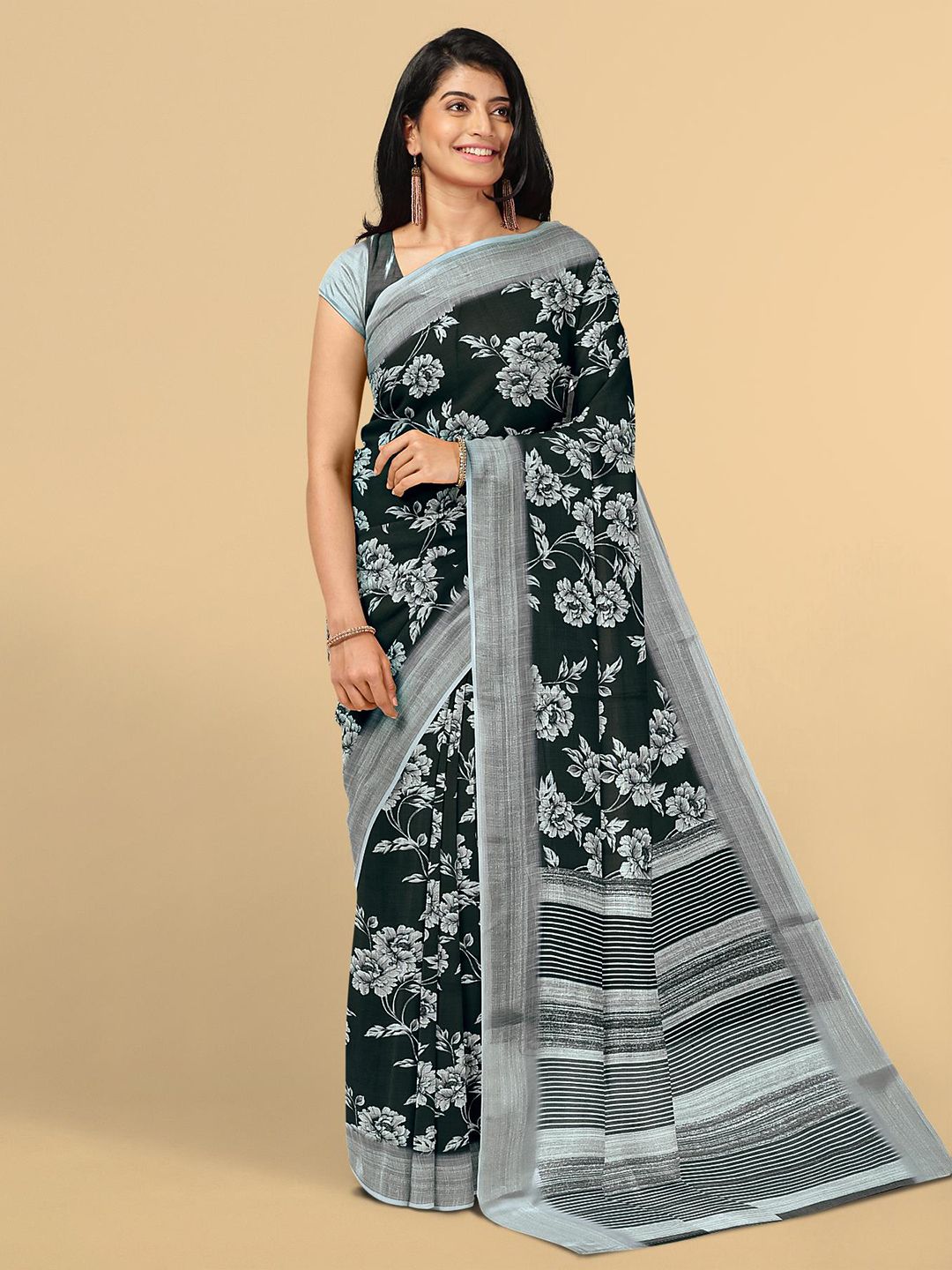 Kalamandir Black & Grey Floral Printed Linen Blend Saree Price in India