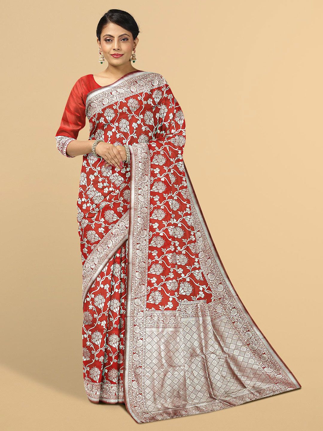 Kalamandir Red & Silver-Toned Floral Woven Design Zari Silk Blend Saree Price in India