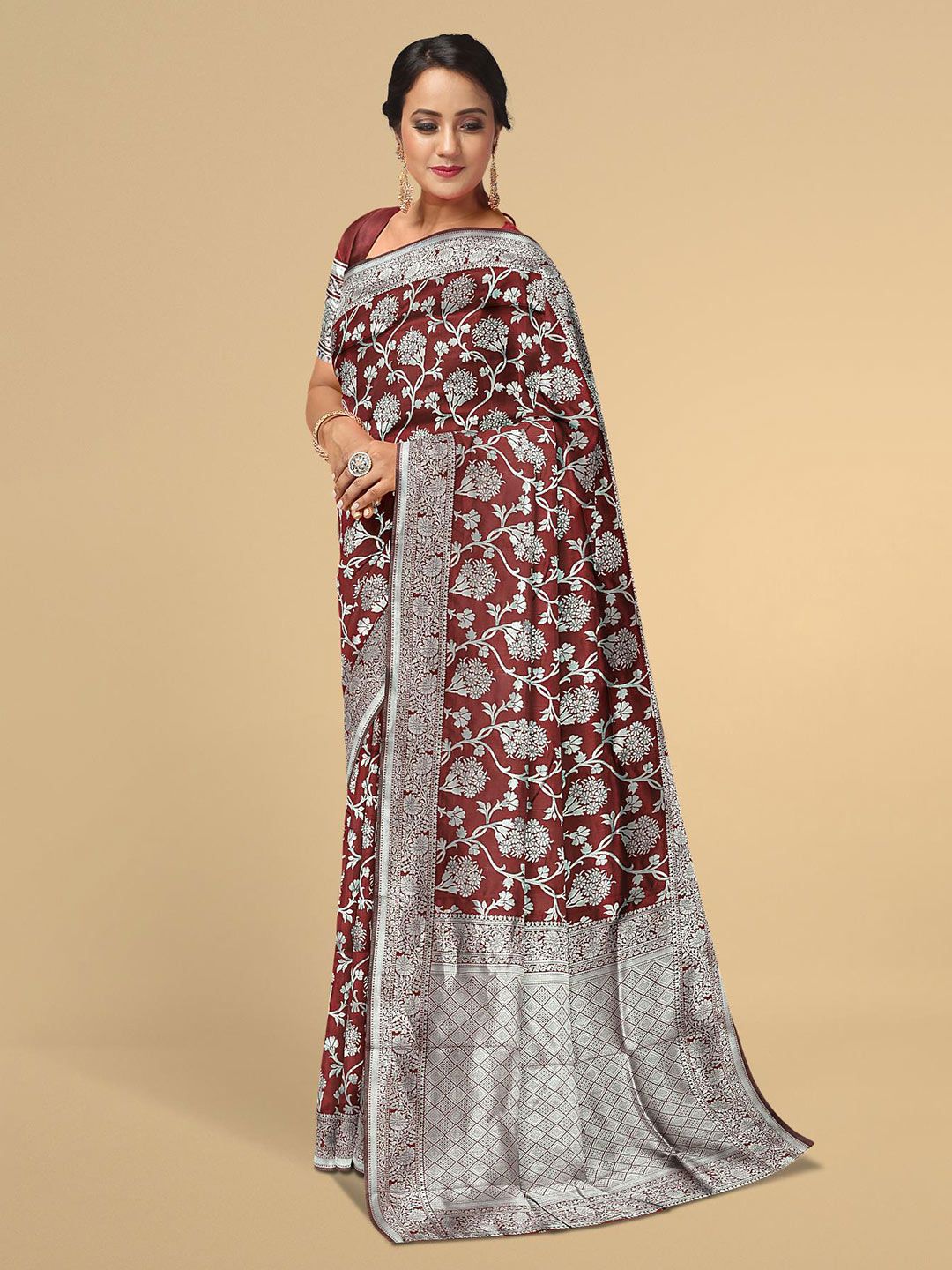 Kalamandir Maroon & Silver-Toned Floral Zari Silk Blend Saree Price in India