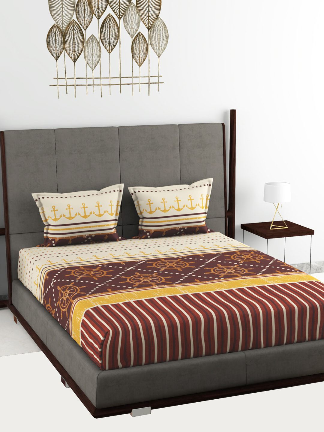 BIANCA Brown & Beige Geometric 180 TC King Bedsheet with 2 Pillow Covers Price in India