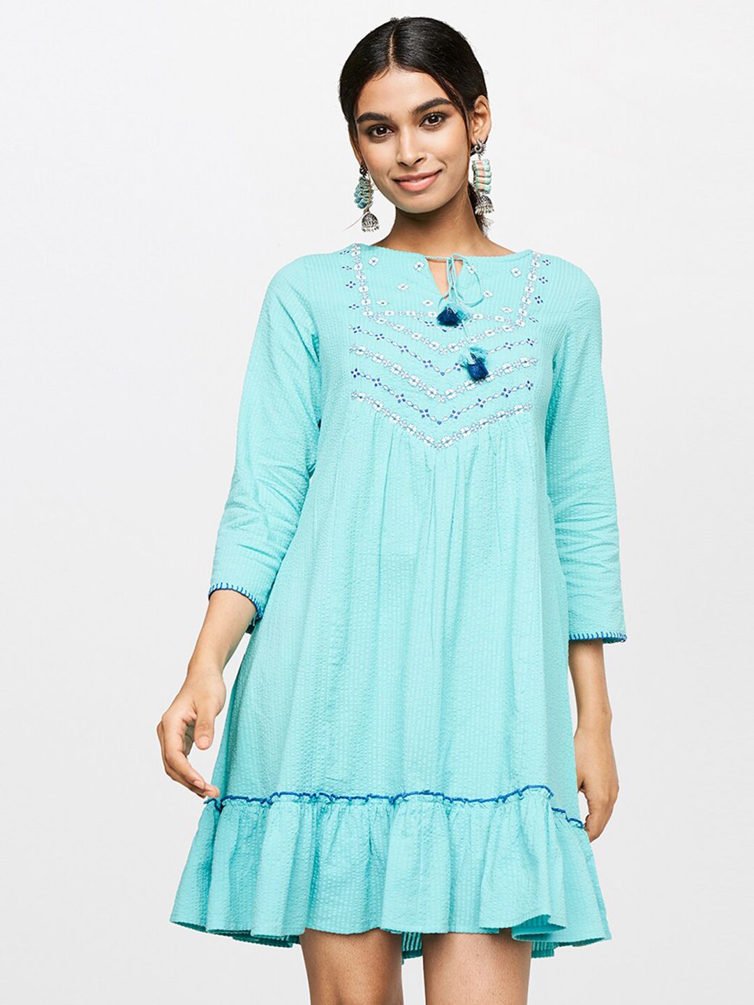 Global Desi Blue Tie-Up Neck Drop-Waist Pure Cotton Dress Price in India