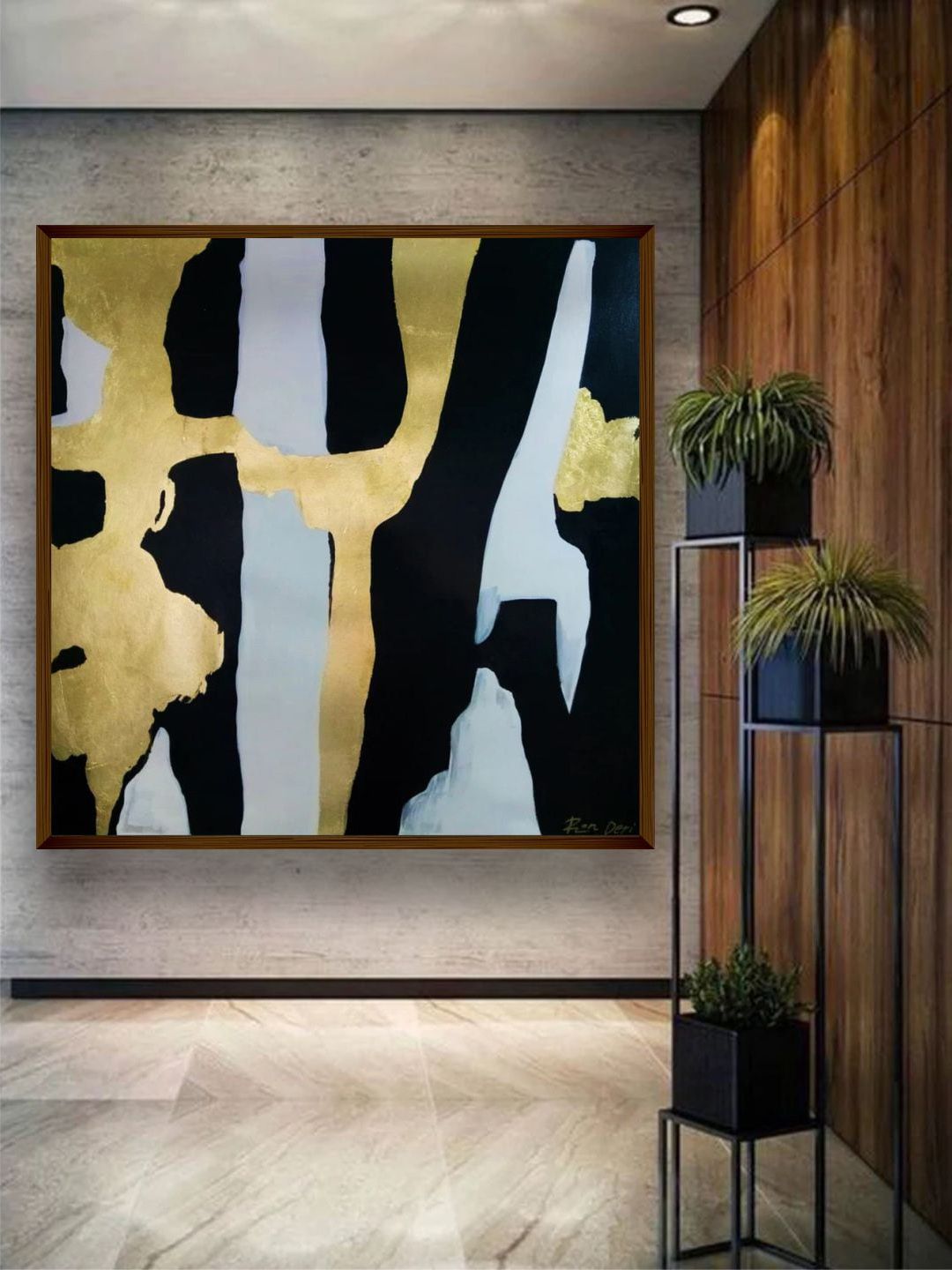 The Art House White & Gold-Toned Abstract Painting Wall Art Price in India