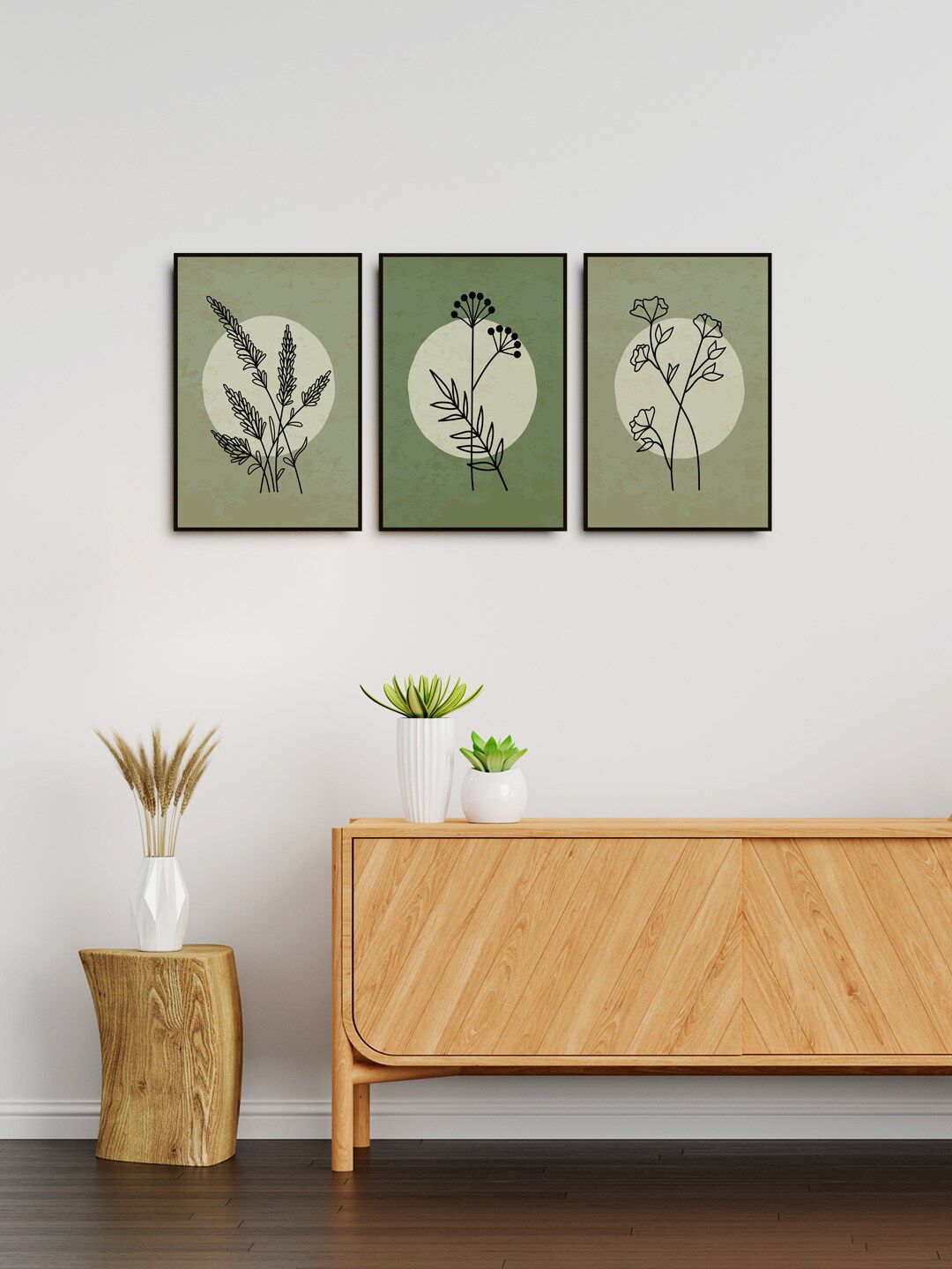 999Store Set Of 3 Green Abstract Painting Wall Art Price in India