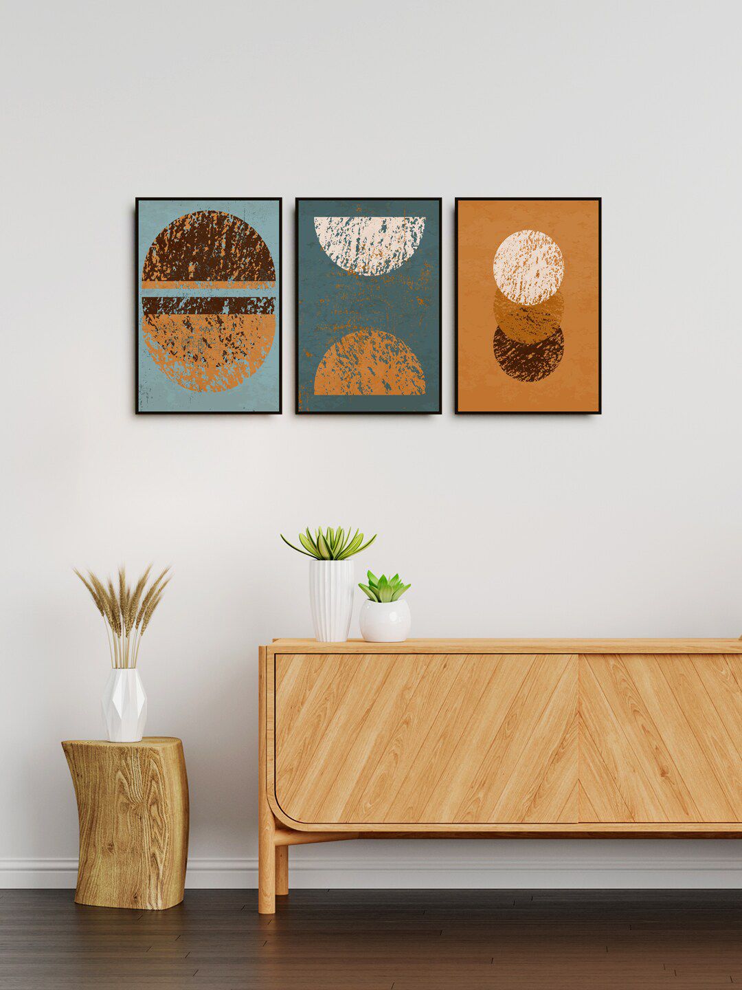 999Store Set of 3 Brown & Blue Abstract Wall Art Price in India