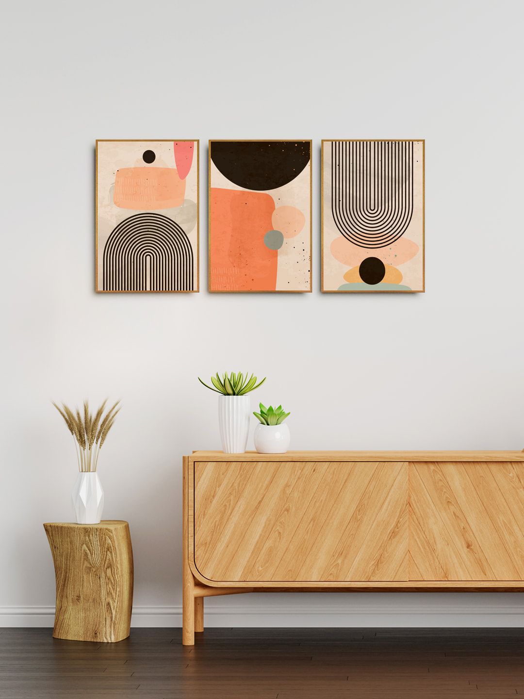 999Store Set of 3 Beige & Black Printed Abstract Wall Art Price in India