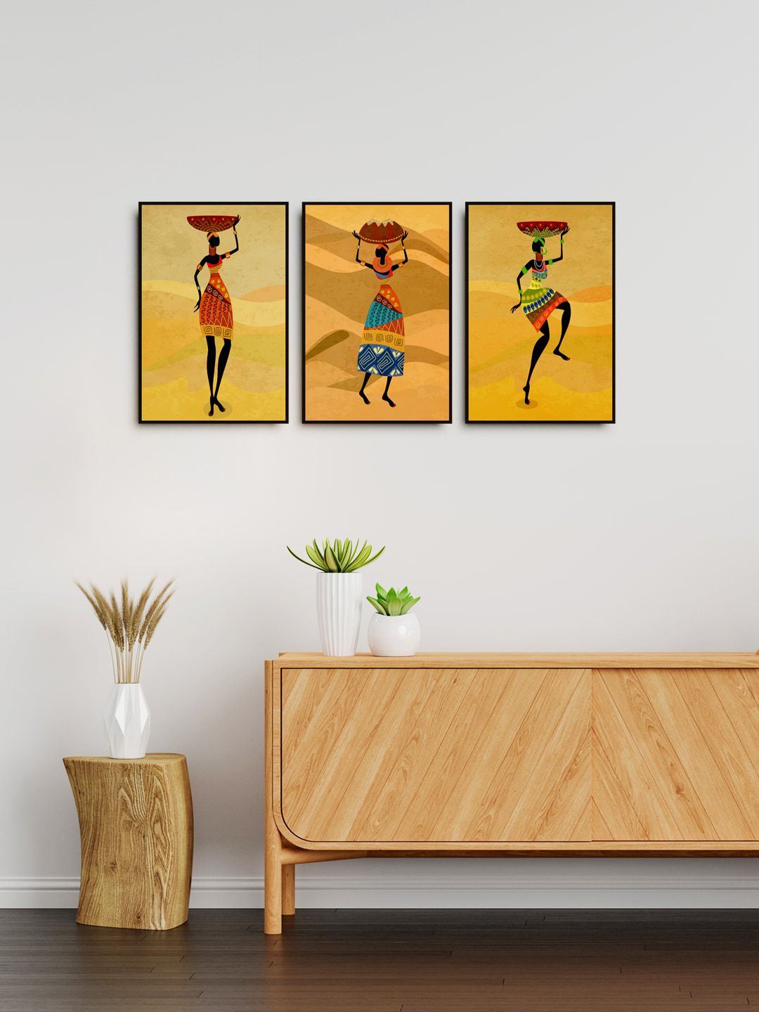 999Store Set Of 3 Yellow Printed Beautiful African Women Traditional Costume Framed Wall Painting Price in India